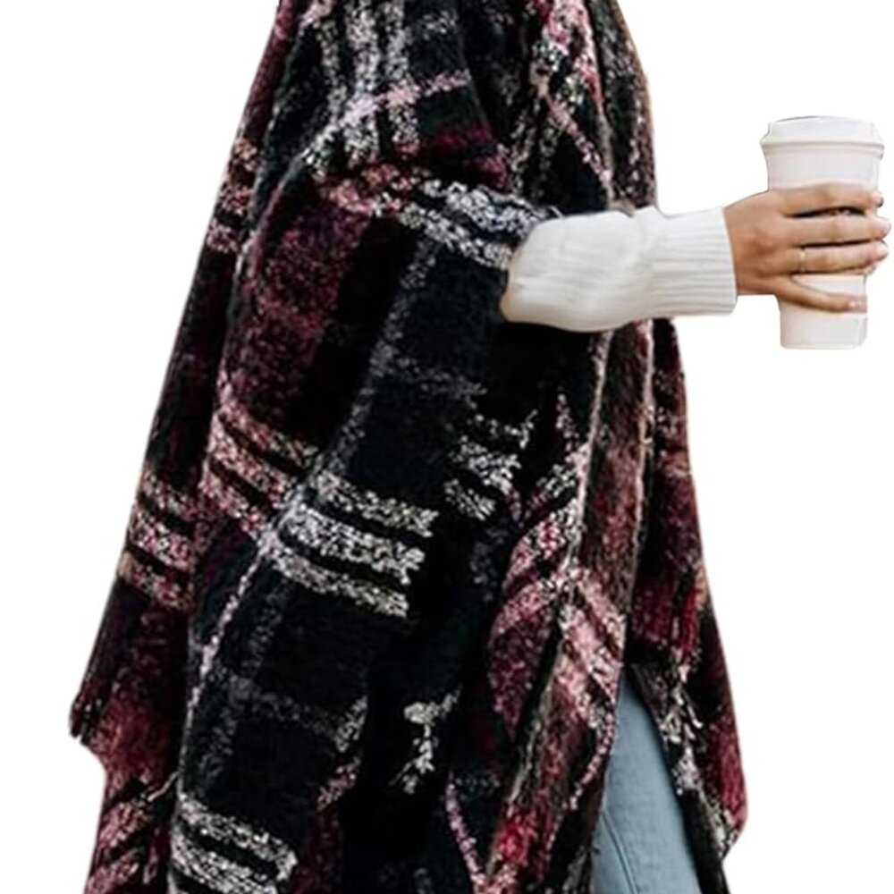 Women's Shawl Wraps Open Front Travel Poncho Cape Warm Oversized Plaid Sweaters